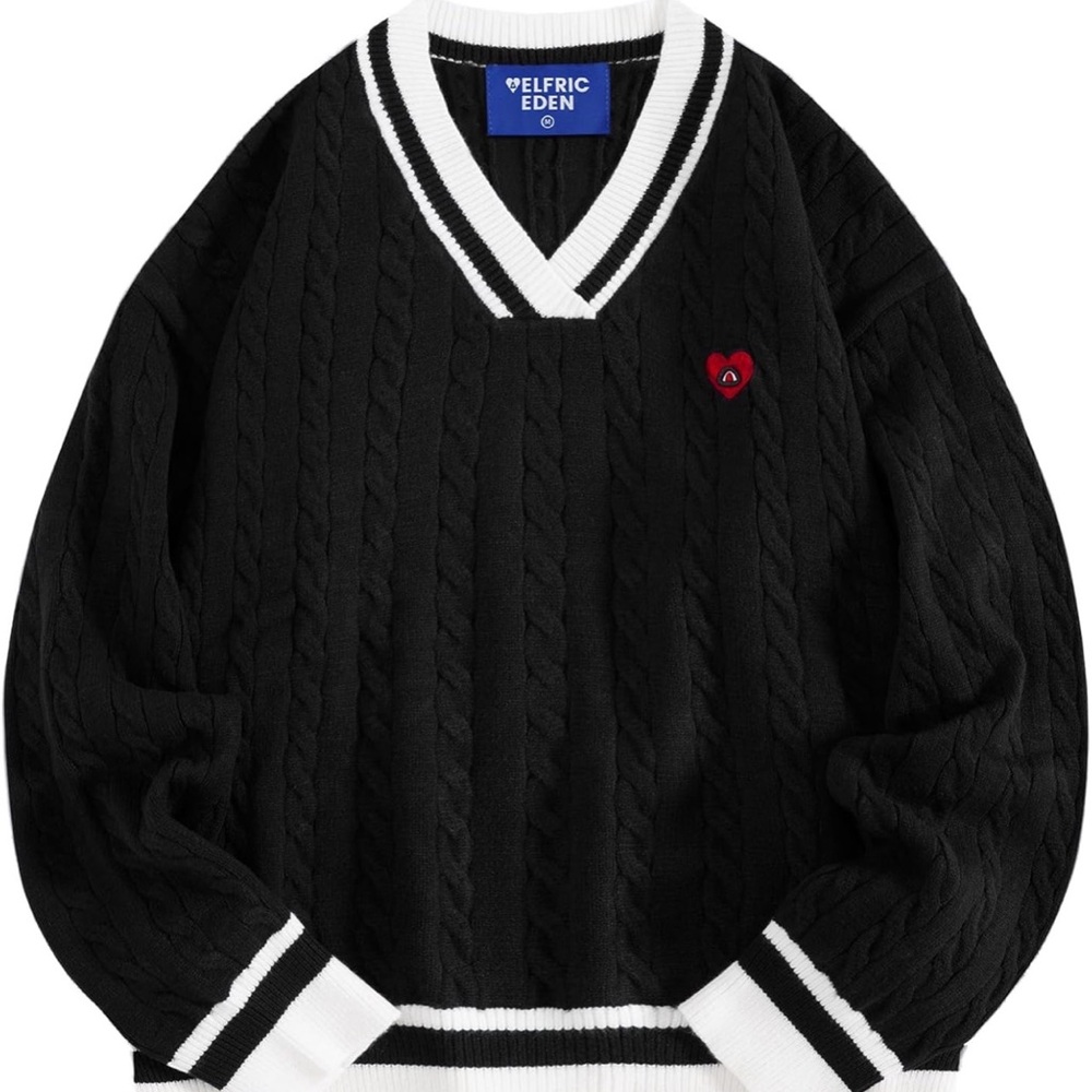 Aelfric Eden Black V-Neck Sweater with White Trim NWT